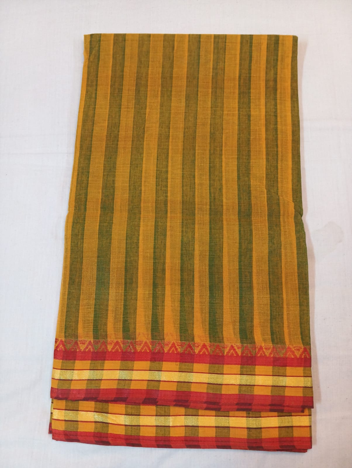 Yellow & Green Striped Saree with Red & Golden Border