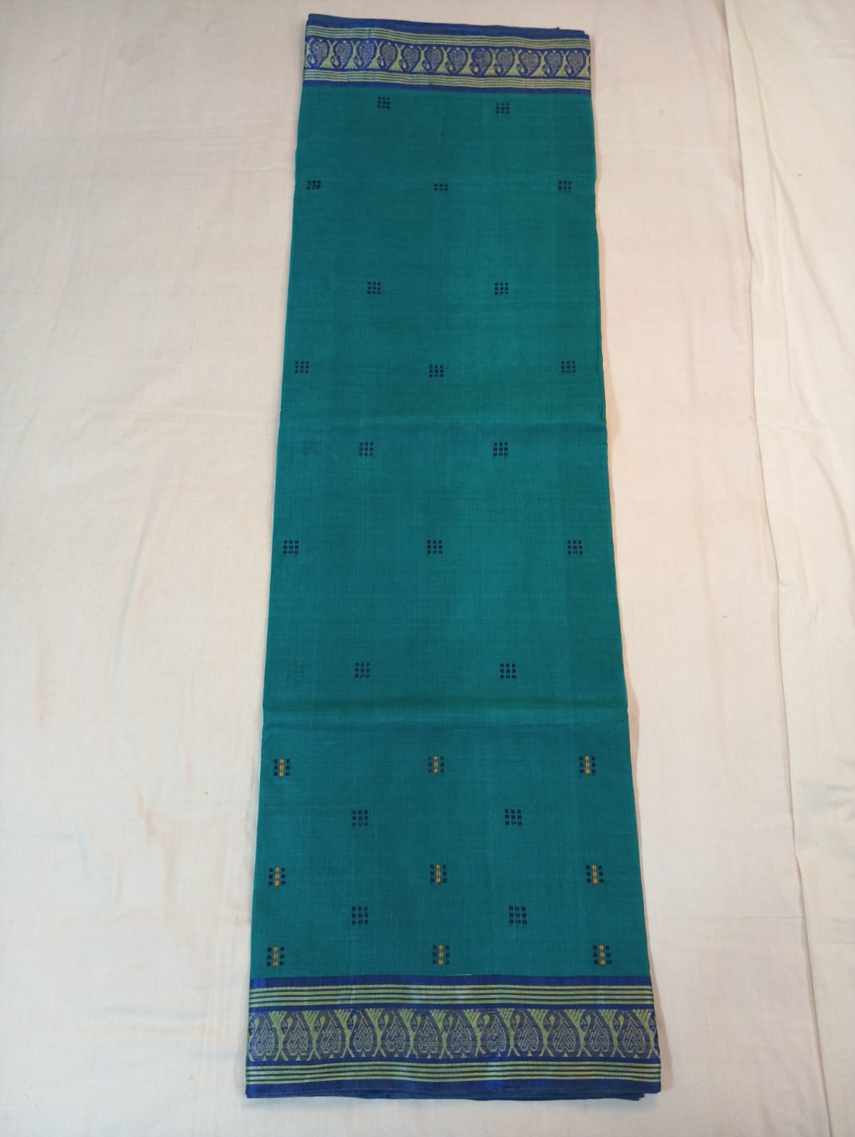 Ferozi Saree with Yellow & Royal Blue Small Buti and Fancy Royal Blue Border