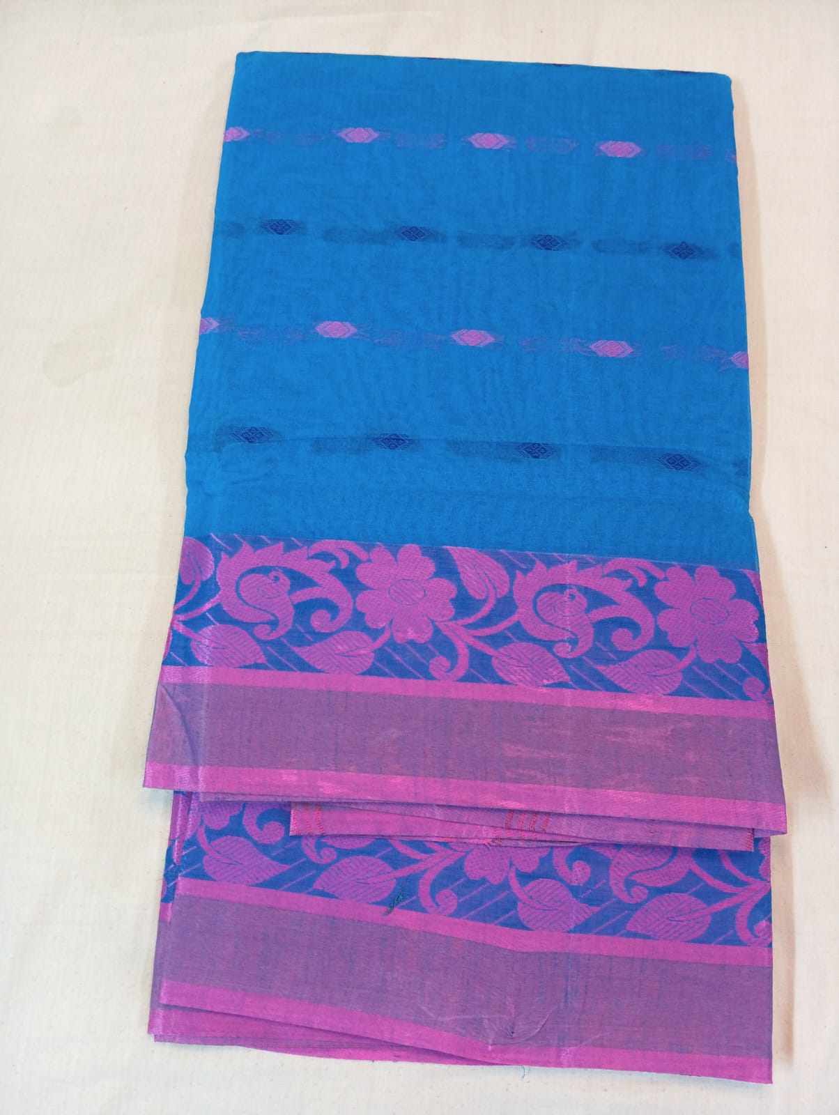 Ferozi Handloom Saree with Pink Border and Woven Buti