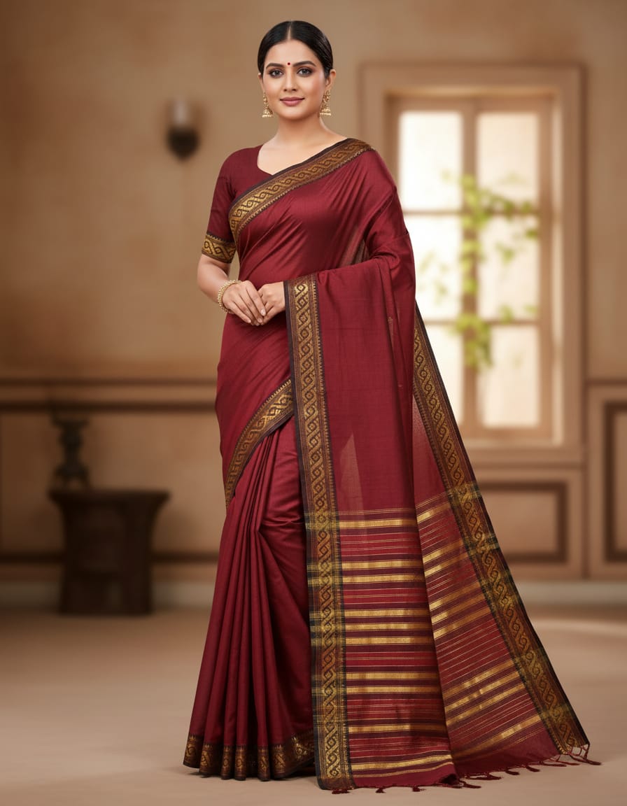 Reddish Maroon Saree with Golden Border & Golden Striped Anchal