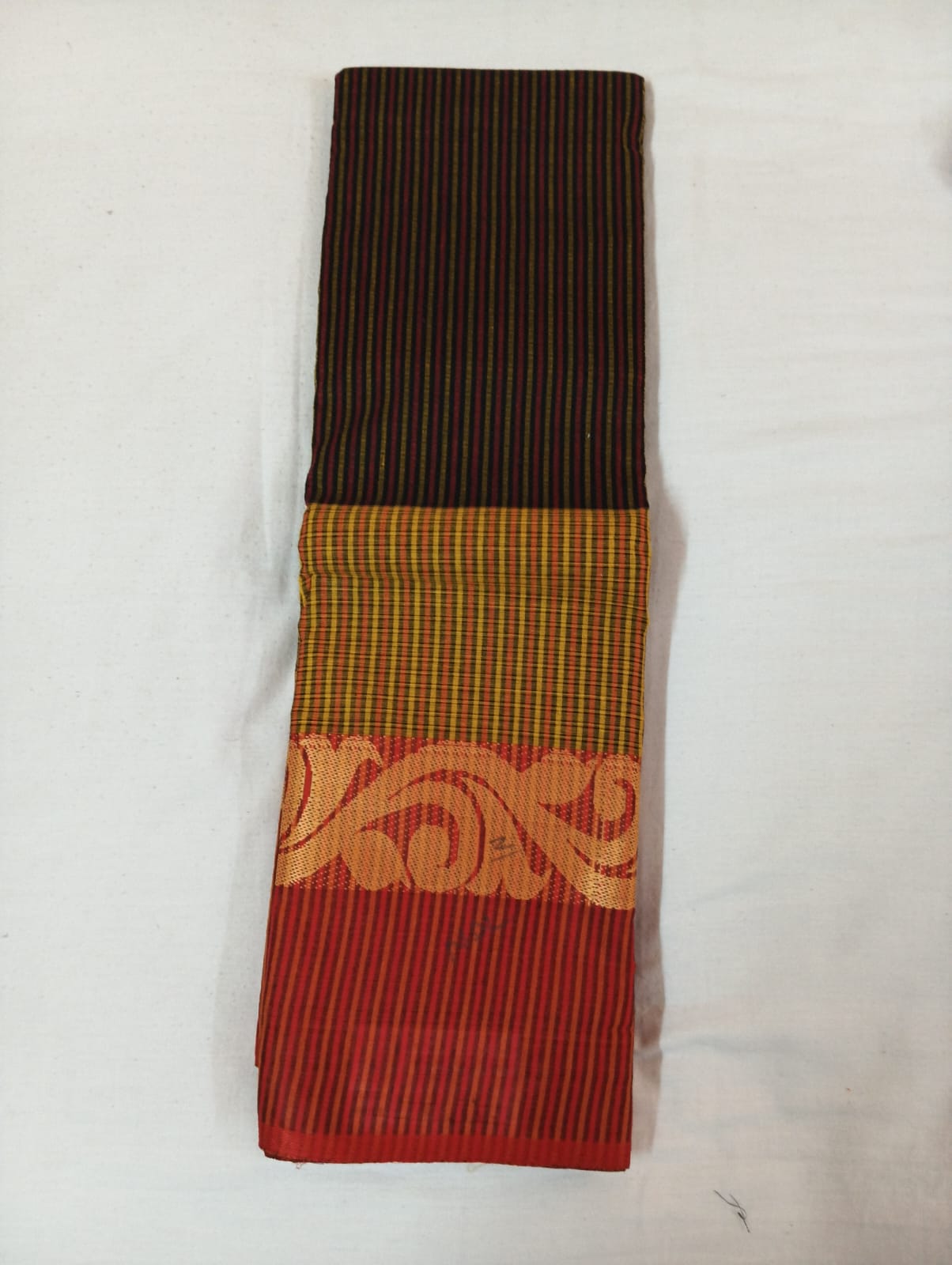 Black & Light Yellow based Cotton Handloom Striped Saree with Red Designer Border