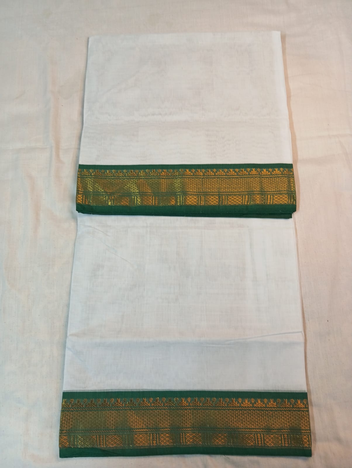 Elegant White Saree with Green & Golden Border (With Blouse Piece)