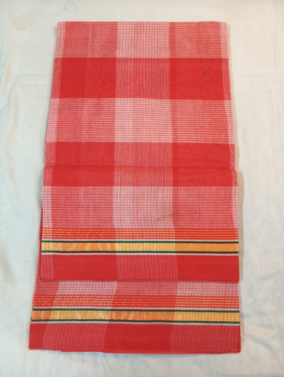 Big Double Color Check Saree in Orange & Light Pink with Orange Border