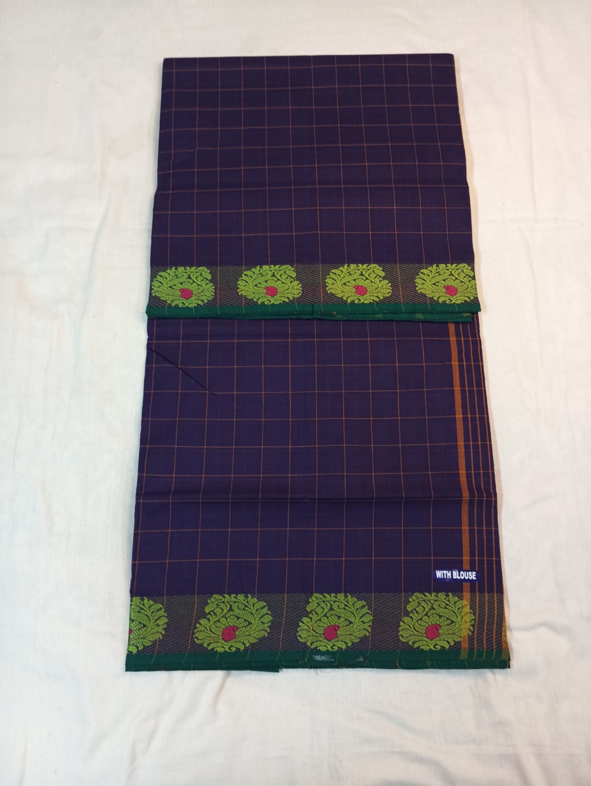 Violet Medium Check Saree with Green & Golden Fancy Border (With Blouse Piece)
