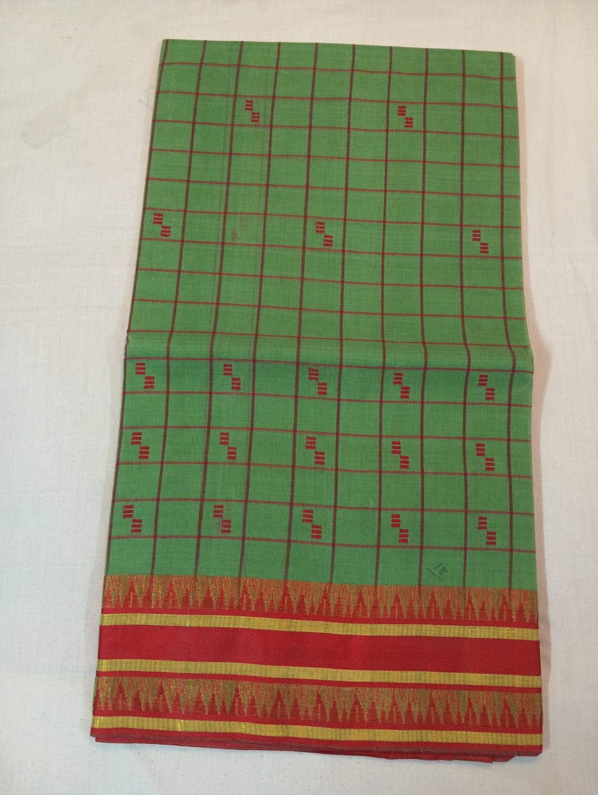 Turkish Green Half Checked Handloom Saree with Red Buti and Red Border