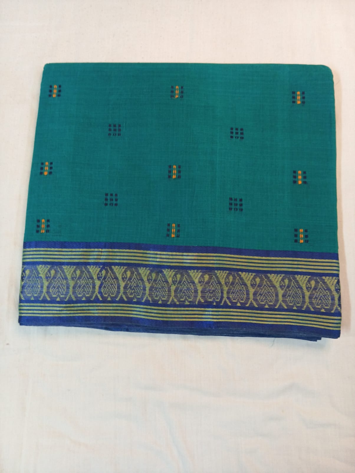 Ferozi Saree with Yellow & Royal Blue Small Buti and Fancy Royal Blue Border