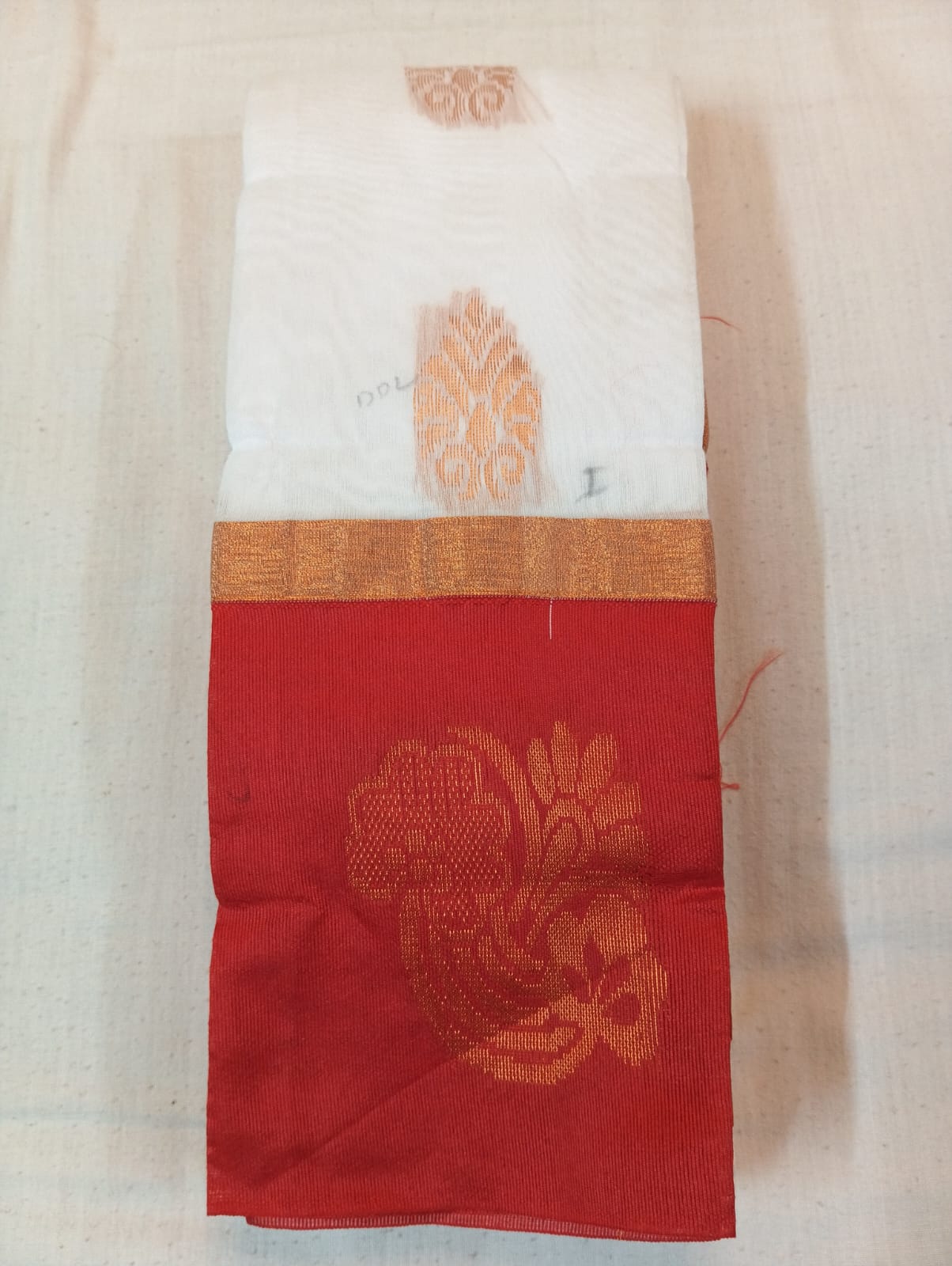 White Handloom Saree with Golden Buti and Red Border