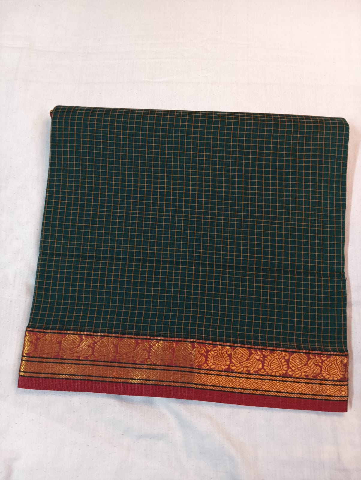 Bottle Green Check Saree with Red & Golden Border (With Blouse Piece)