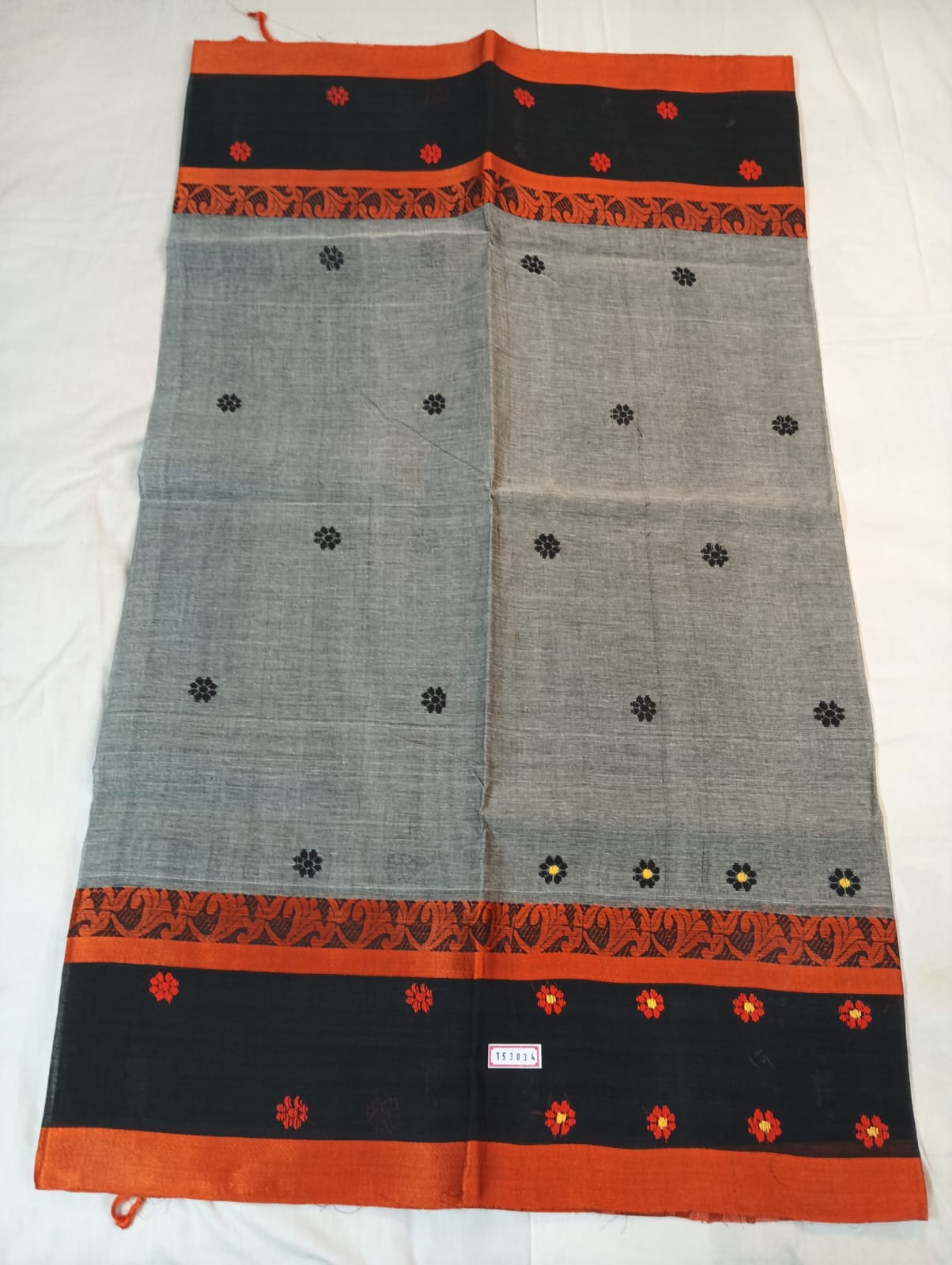 Grey Handloom Buti Saree with Orange Strip and Black Border with Orange Buti