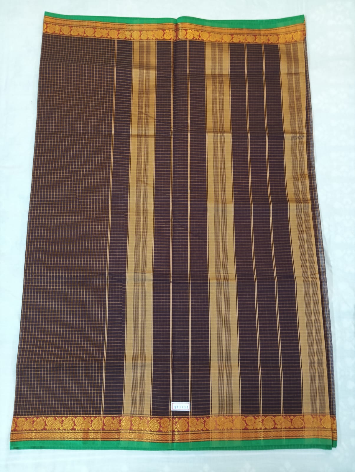 Coffee Brown Check Saree with Red & Golden Border
