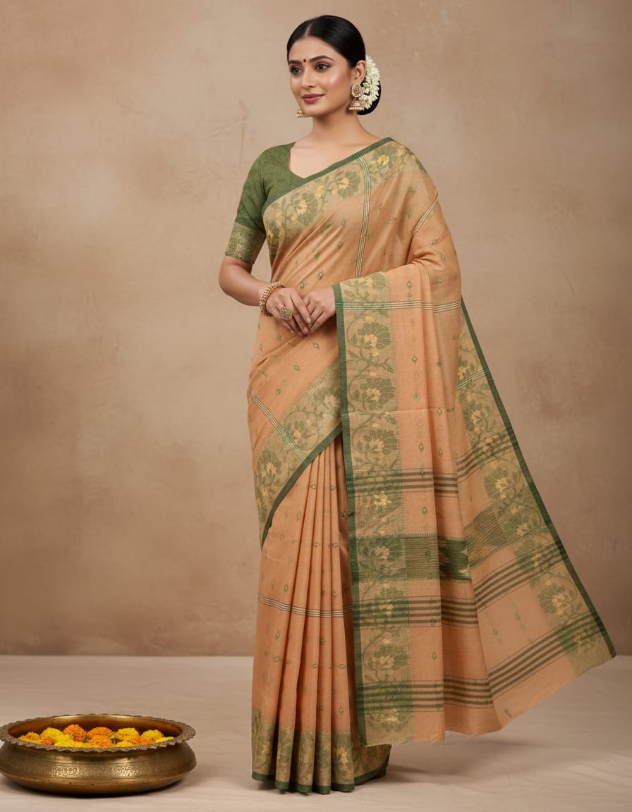Chickoo Buti Handloom Cotton Saree with Woven Motifs