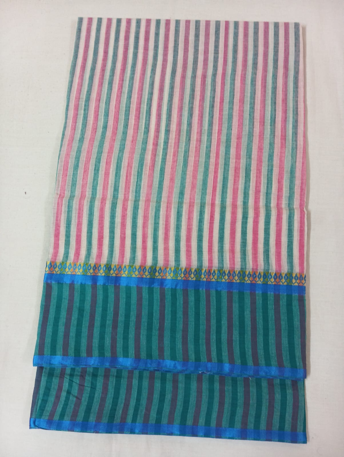 Pink & Ferozi Striped Cotton Handloom Saree with Elegant Ferozi Border