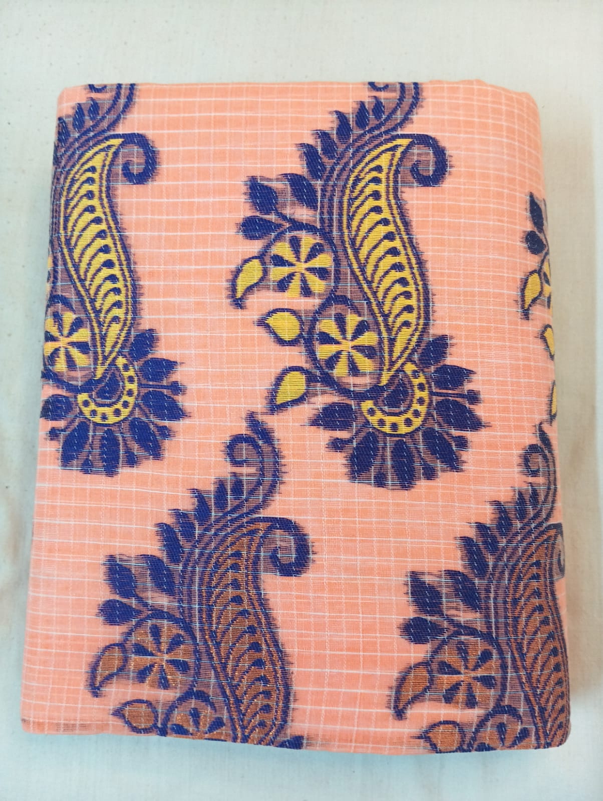 Light Peach Kota Check Saree with Fancy Buti, Royal Blue Border & Rich Pallu