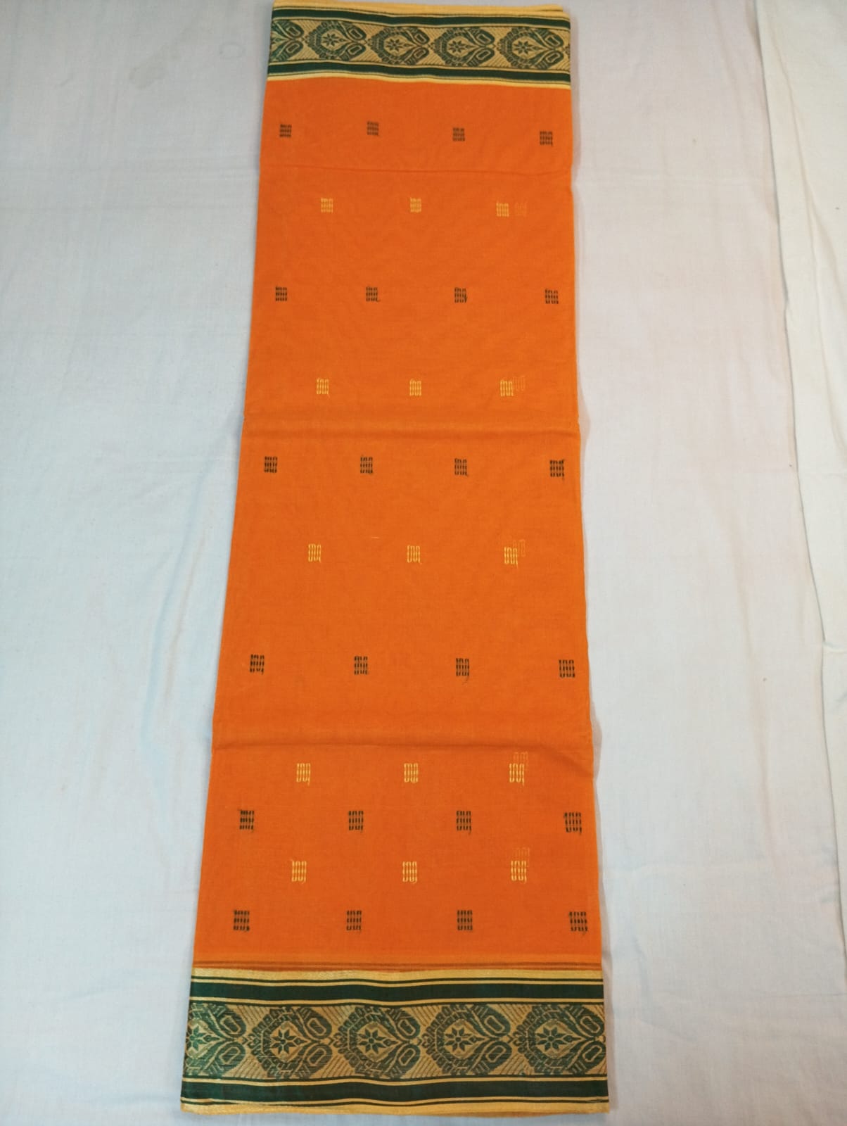 Orange Saree with Green & Yellow Small Buti and Green Fancy Zari Border