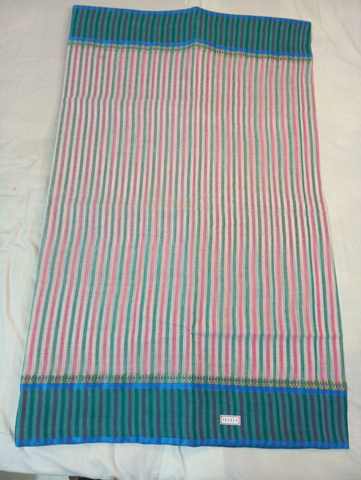 Pink & Ferozi Striped Cotton Handloom Saree with Elegant Ferozi Border
