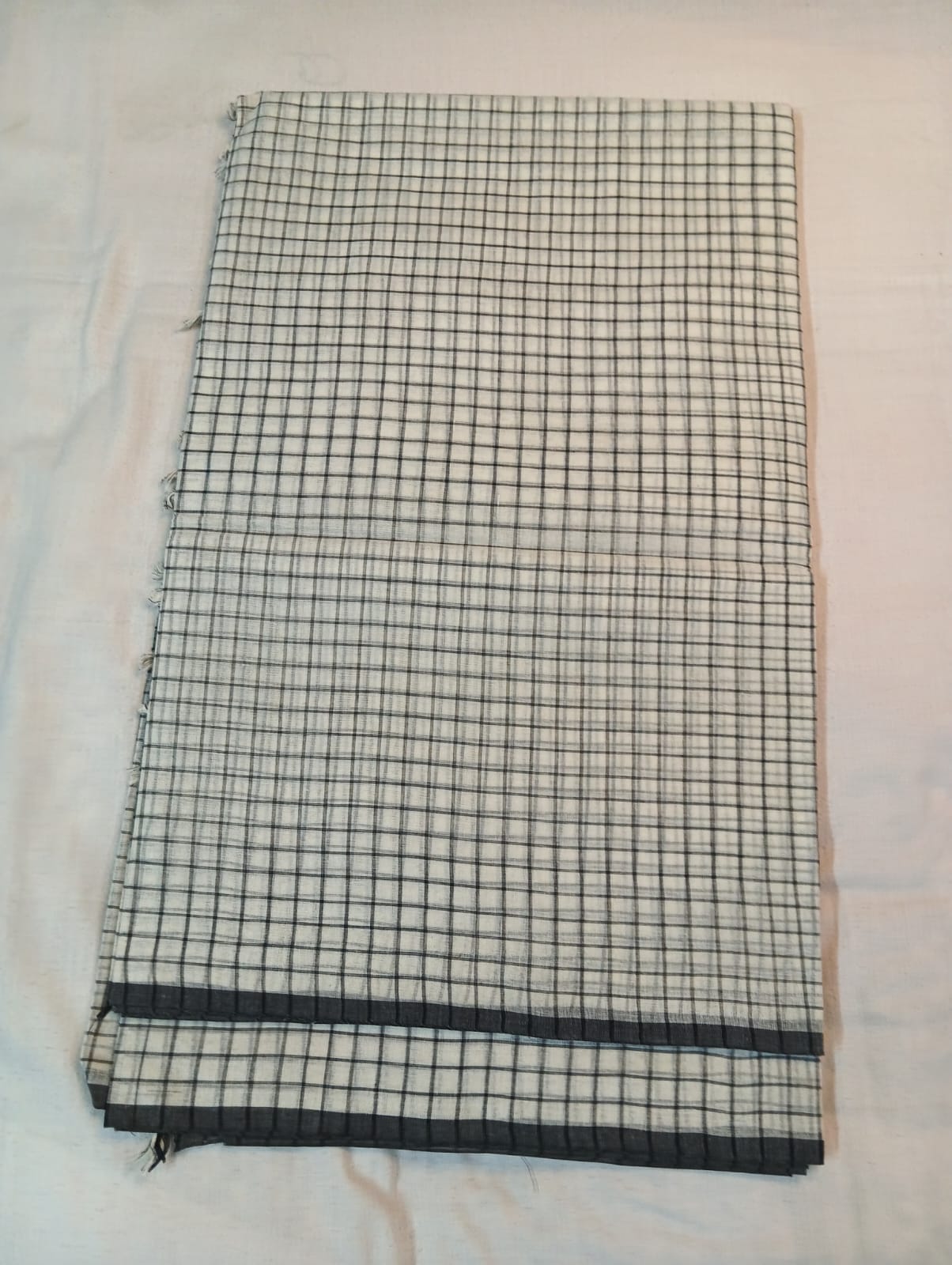 White Saree with Black Checks & Black Border
