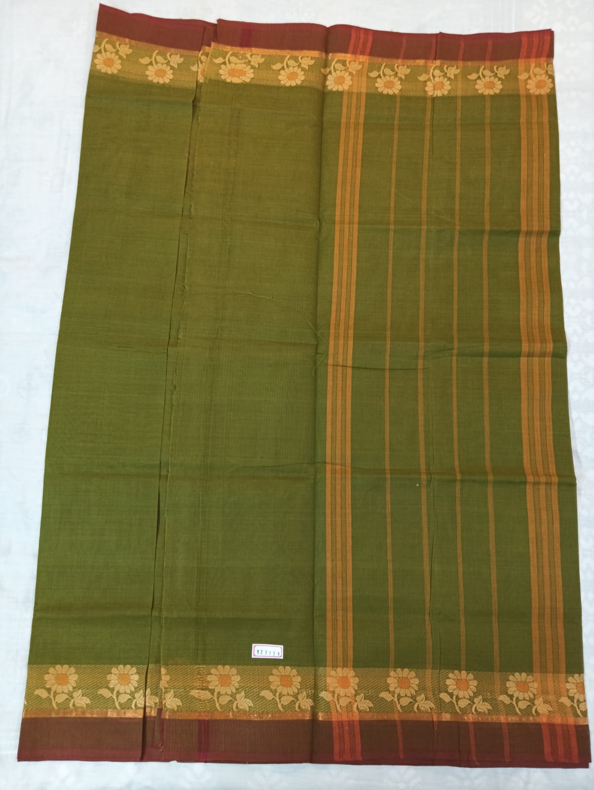 Mehendi Green Saree with Coffee brown & Golden Fancy Border (With Blouse Piece)