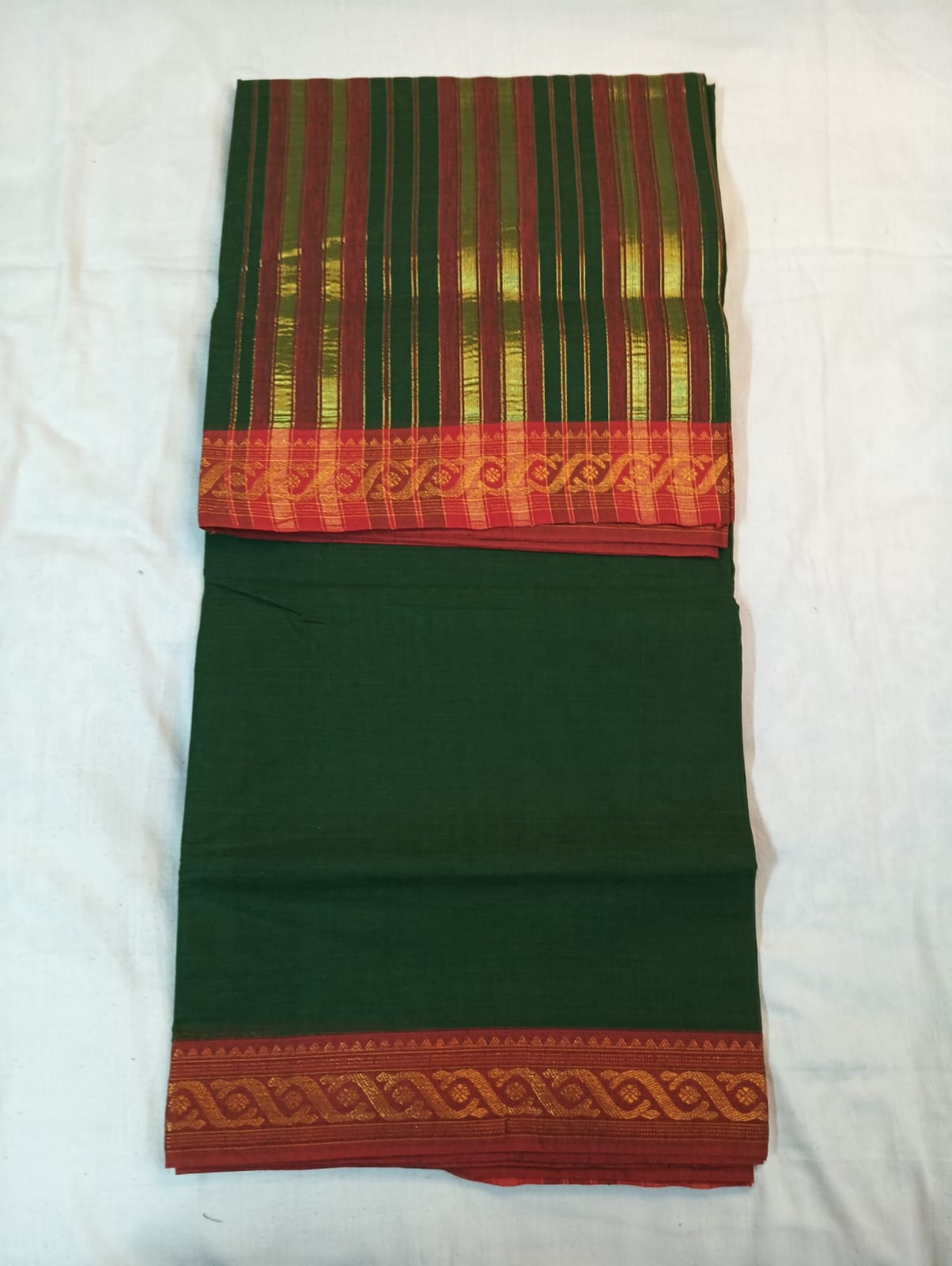 Mehendi Green Saree with Red Border & Striped Golden Anchal
