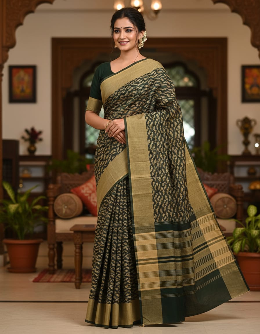 Green Handloom Panchi Saree with Bird Motifs and Soft Finish