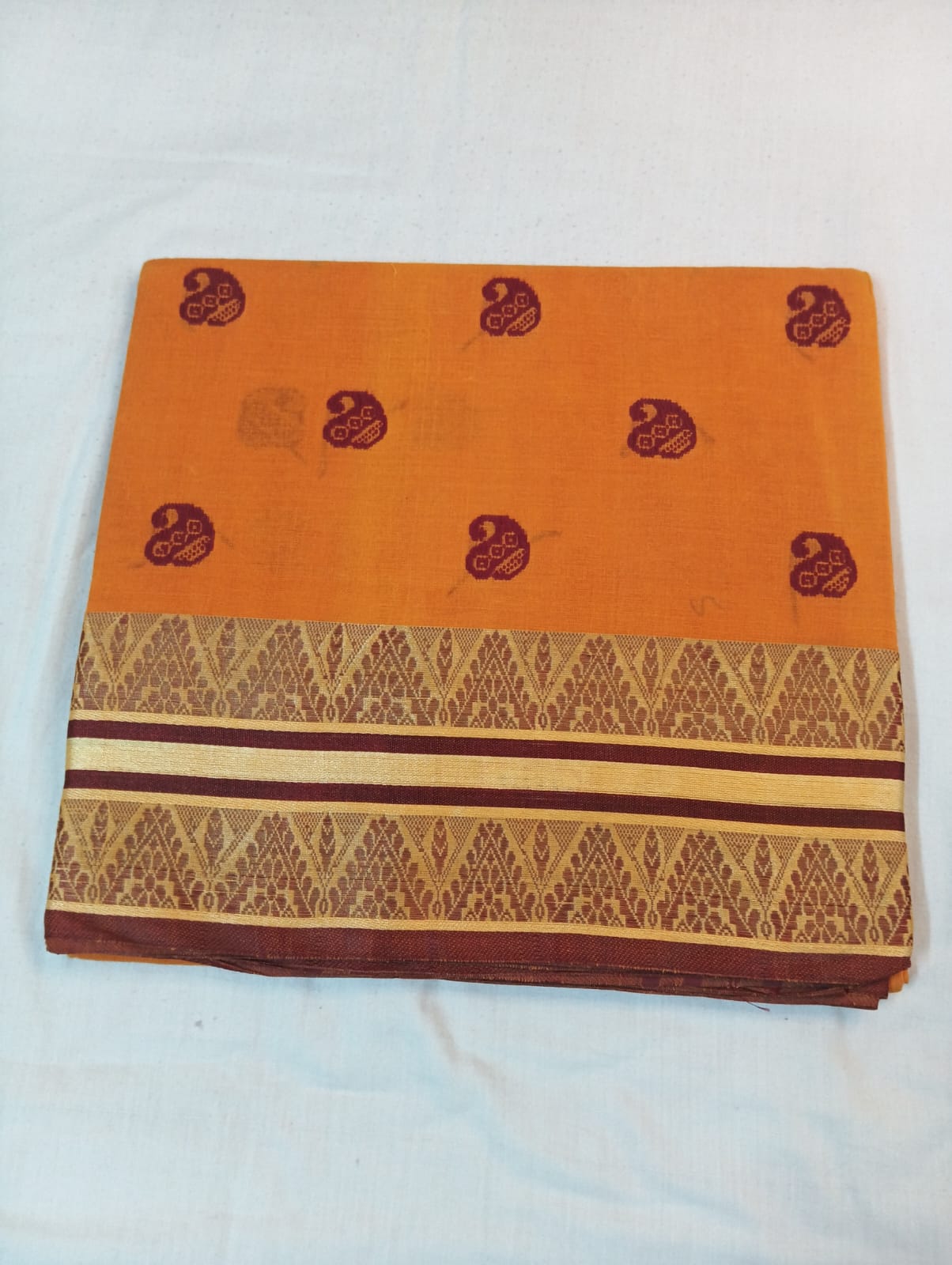Orange Saree with Maroon Buti & Double Temple Border
