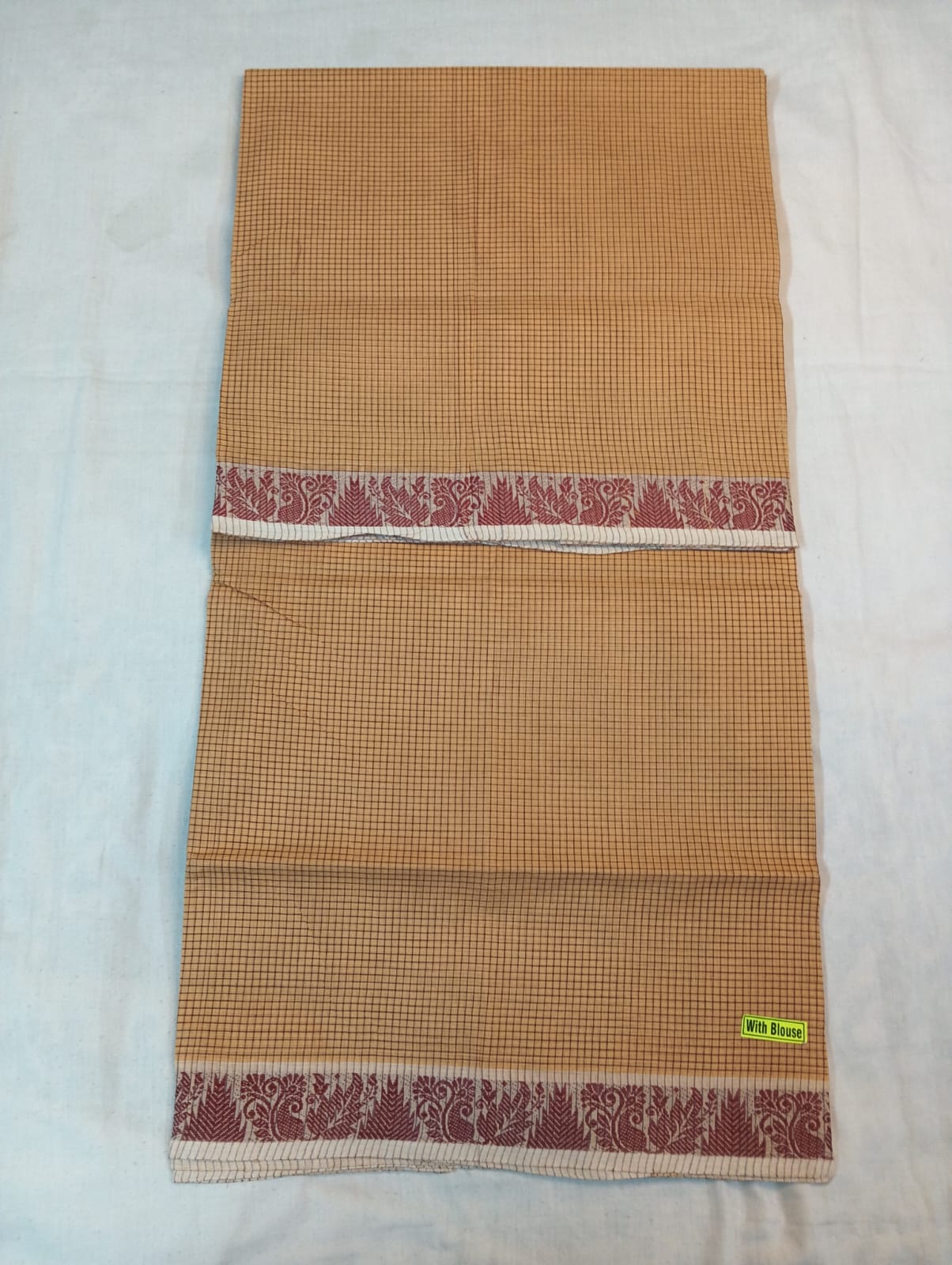 Biscuity Small Check Saree with Fancy Maroon Thread Border (With Blouse Piece)
