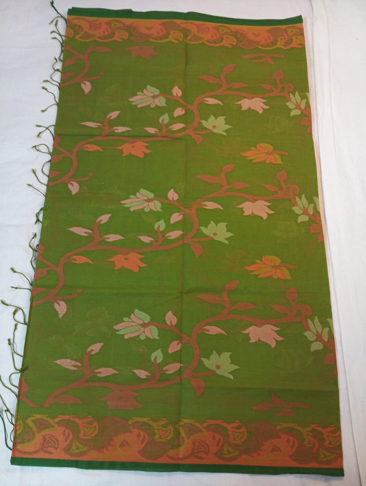 Mehendi Green Cotton Bonolota Saree with Orange Border & Rich Pallu