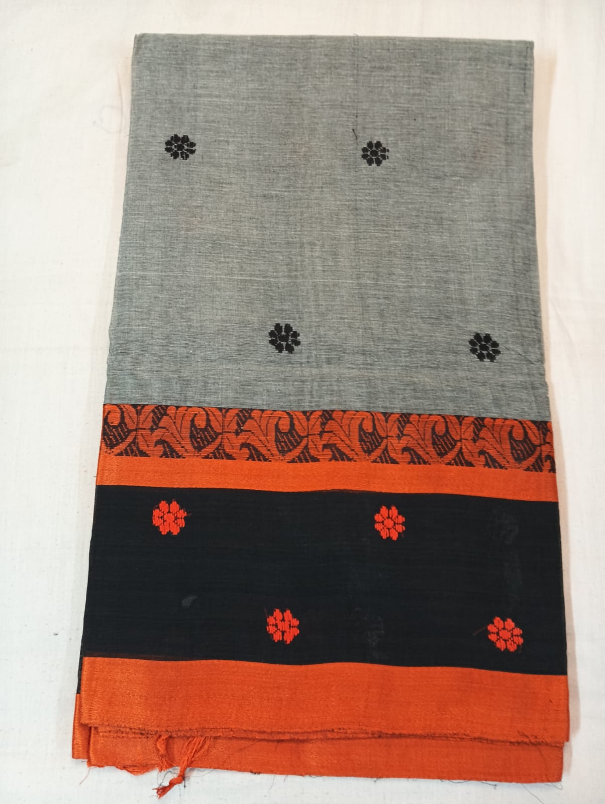 Grey Handloom Buti Saree with Orange Strip and Black Border with Orange Buti