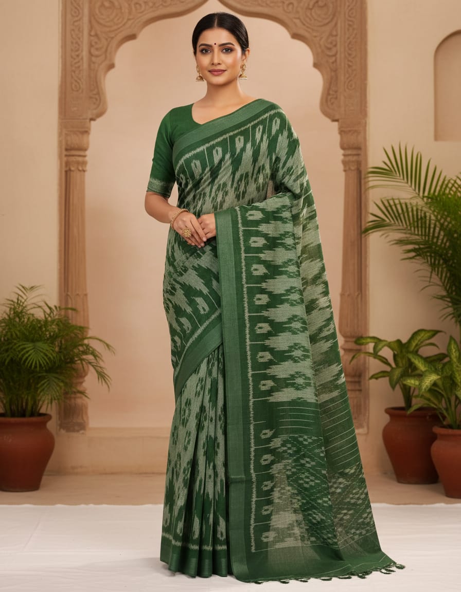 Green Handloom Kotki Saree with Delicate Print