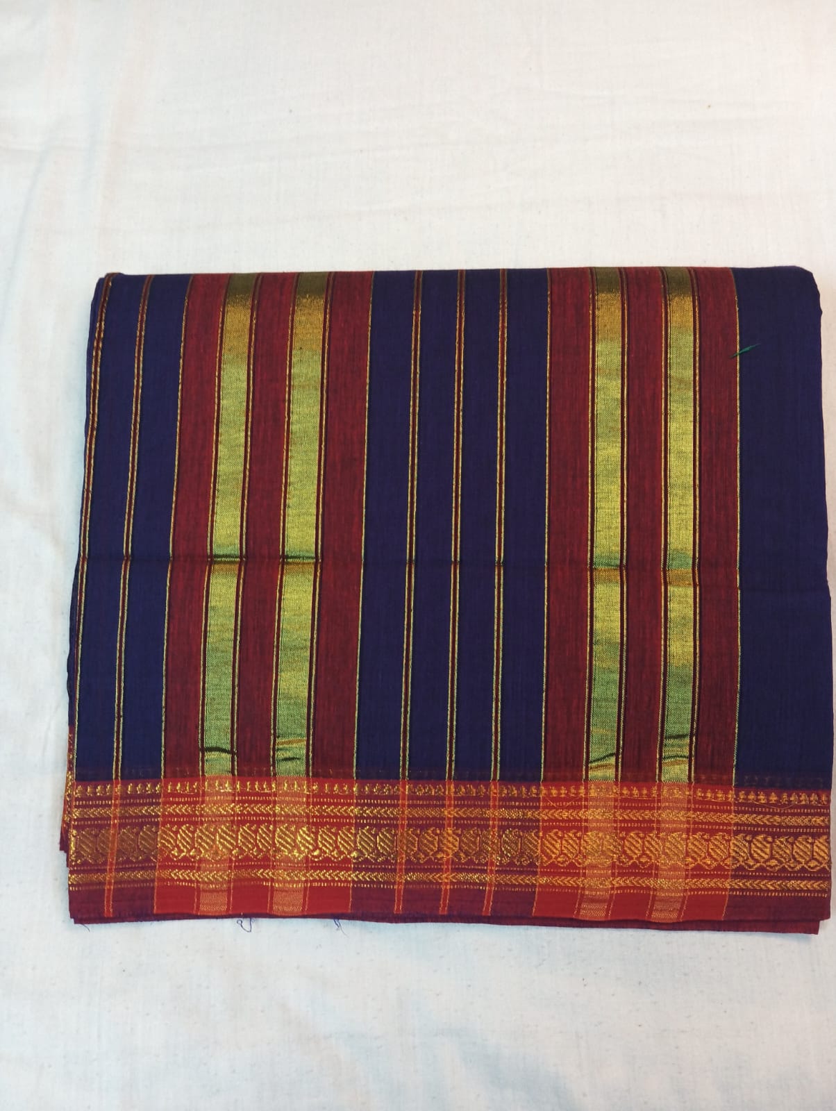 Dark Purple Saree with Maroon Border & Golden Striped Anchal