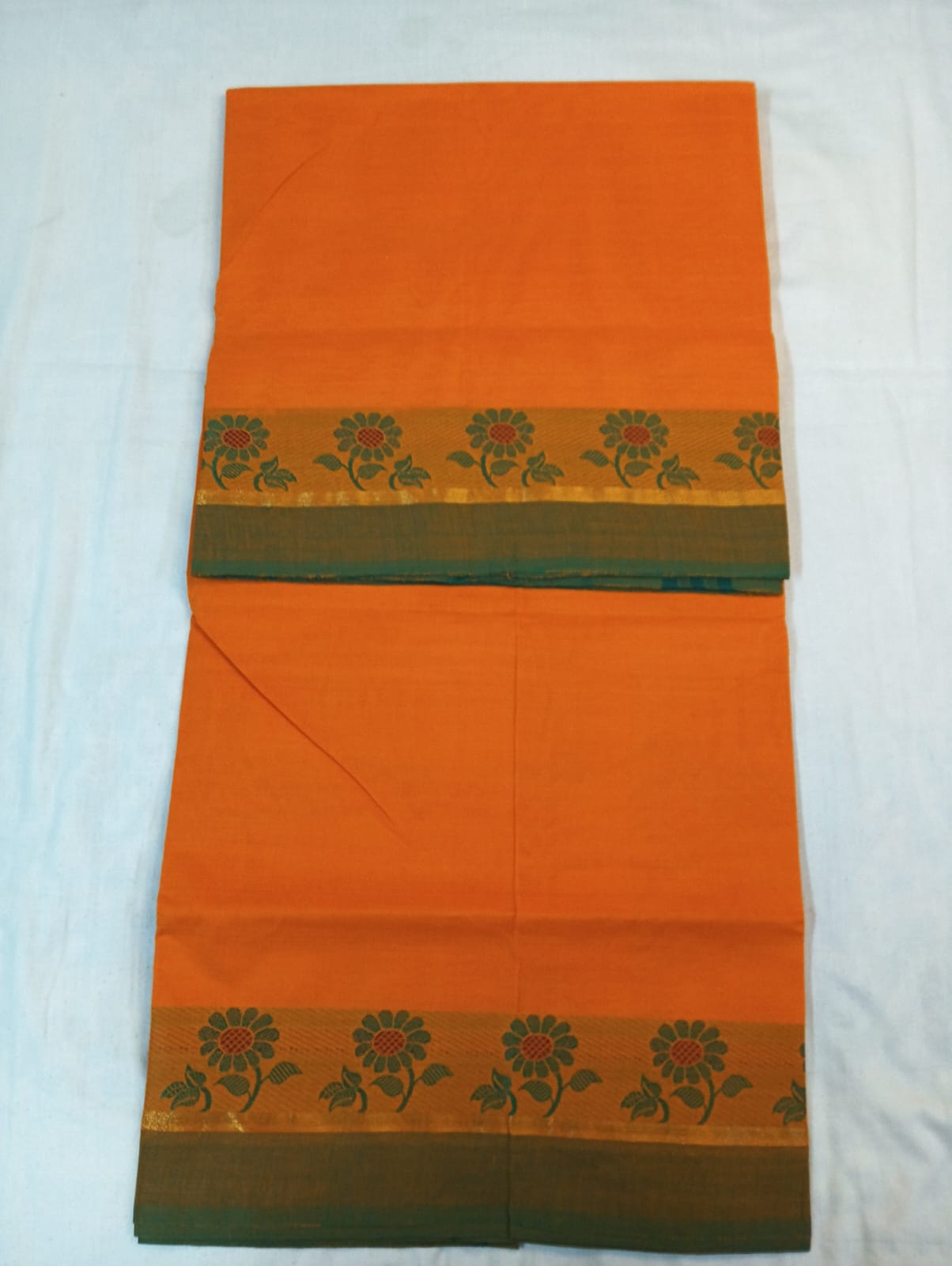 Plain Orange Saree with Green Fancy Border (With Blouse Piece)