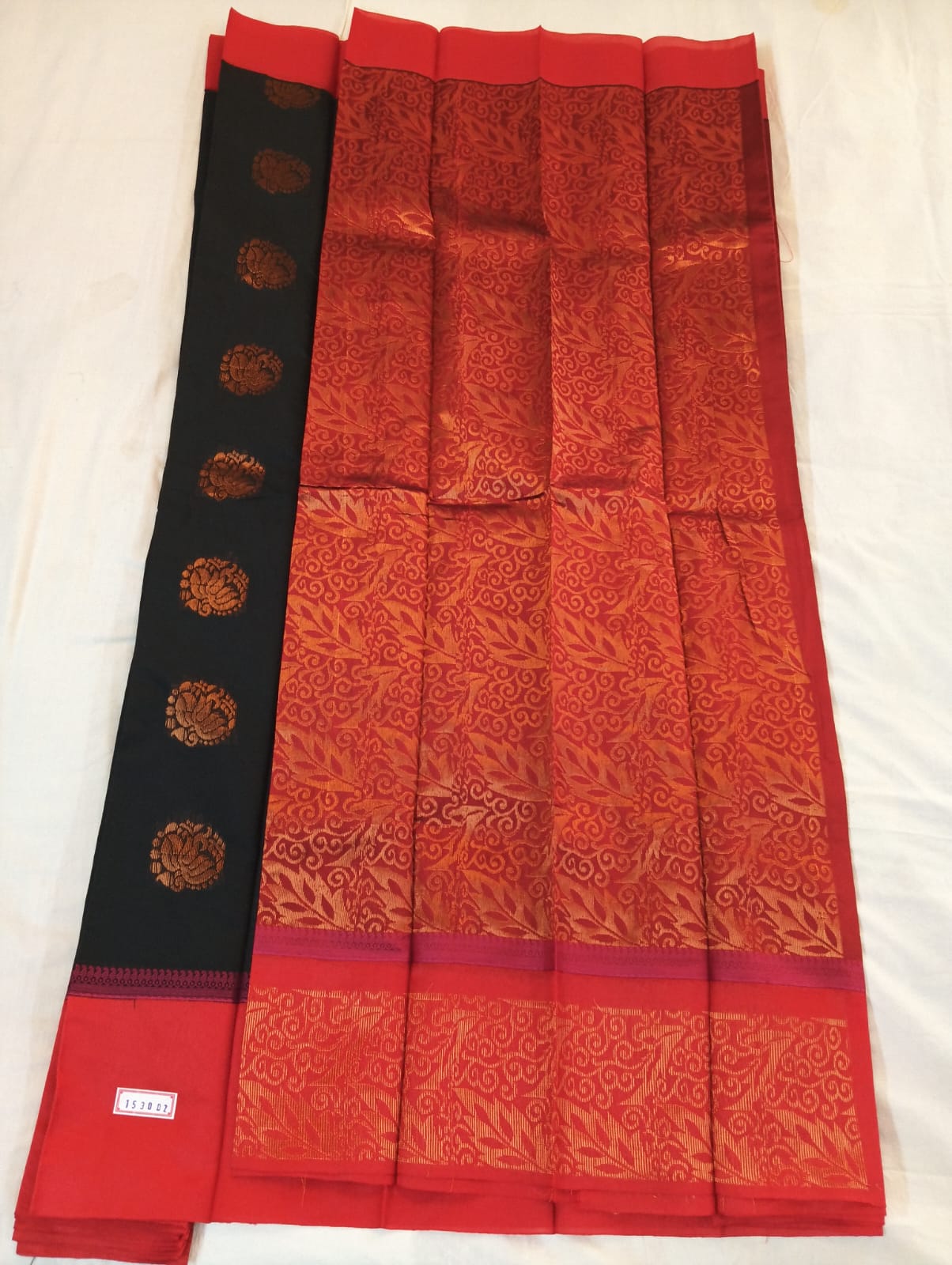 Black Handloom Saree with Golden Buti and Red Border