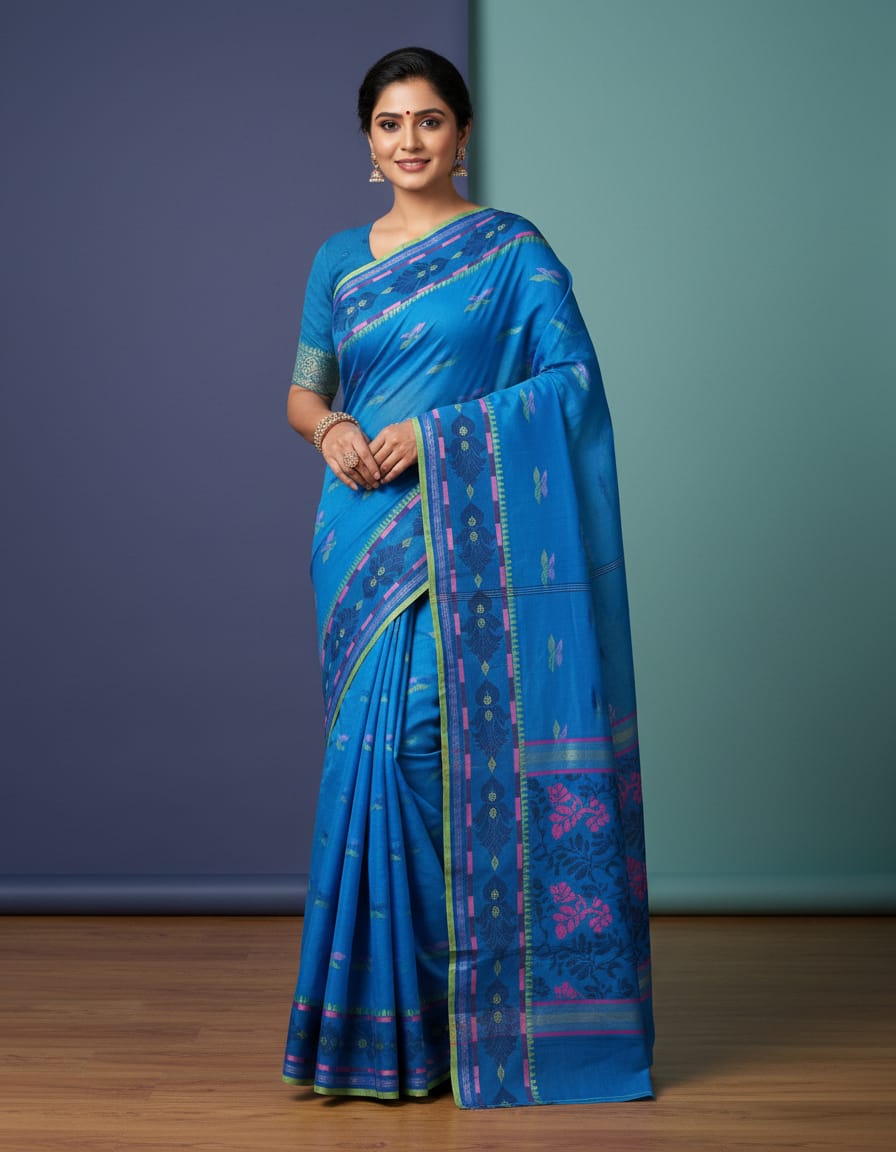 Firozi Buti Handloom Cotton Saree with Delicate Woven Motifs