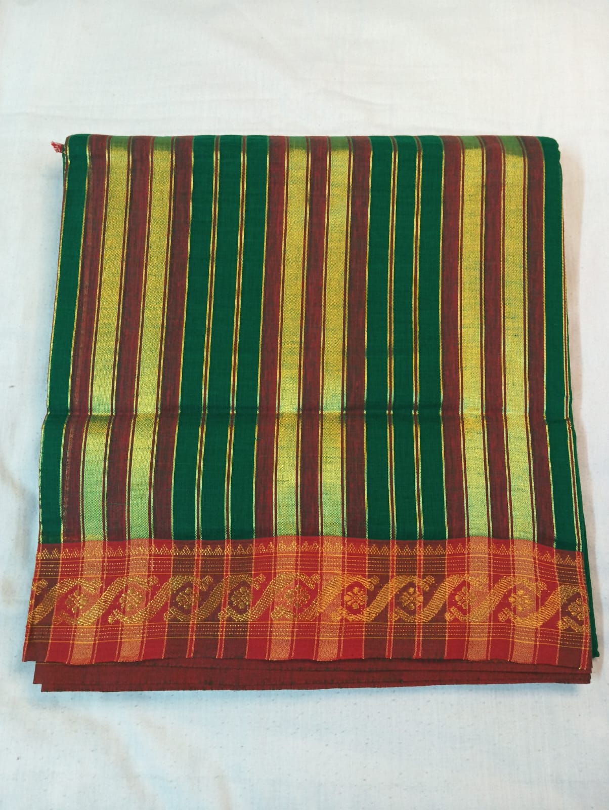 Parrot Green Saree with Red Border & Golden Striped Anchal