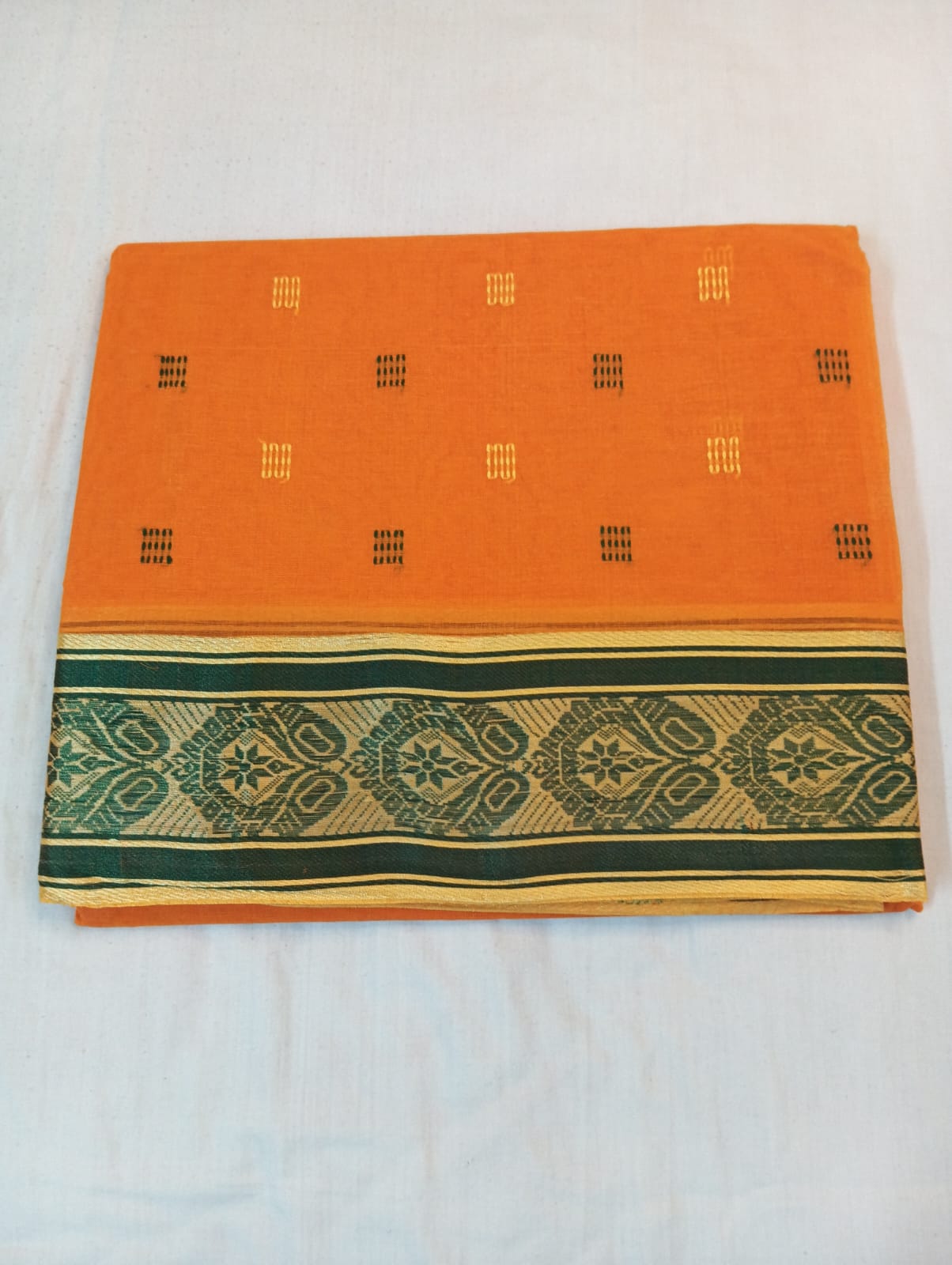 Orange Saree with Green & Yellow Small Buti and Green Fancy Zari Border