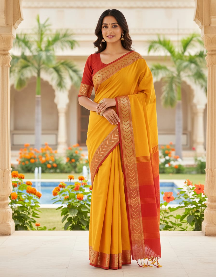 Yellow Saree with Golden & Orange Border