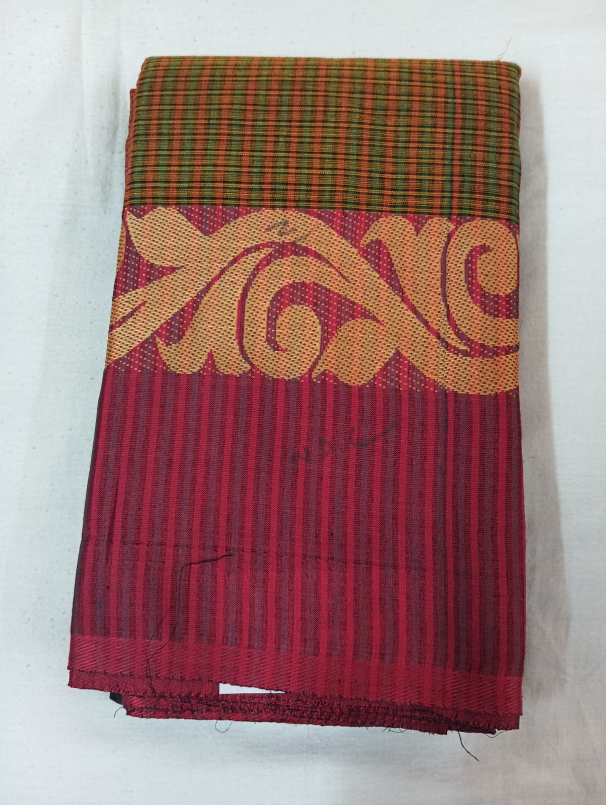 Royal Blue & Light Green Dual-Tone Striped Cotton Handloom Saree with Designer Magenta Border