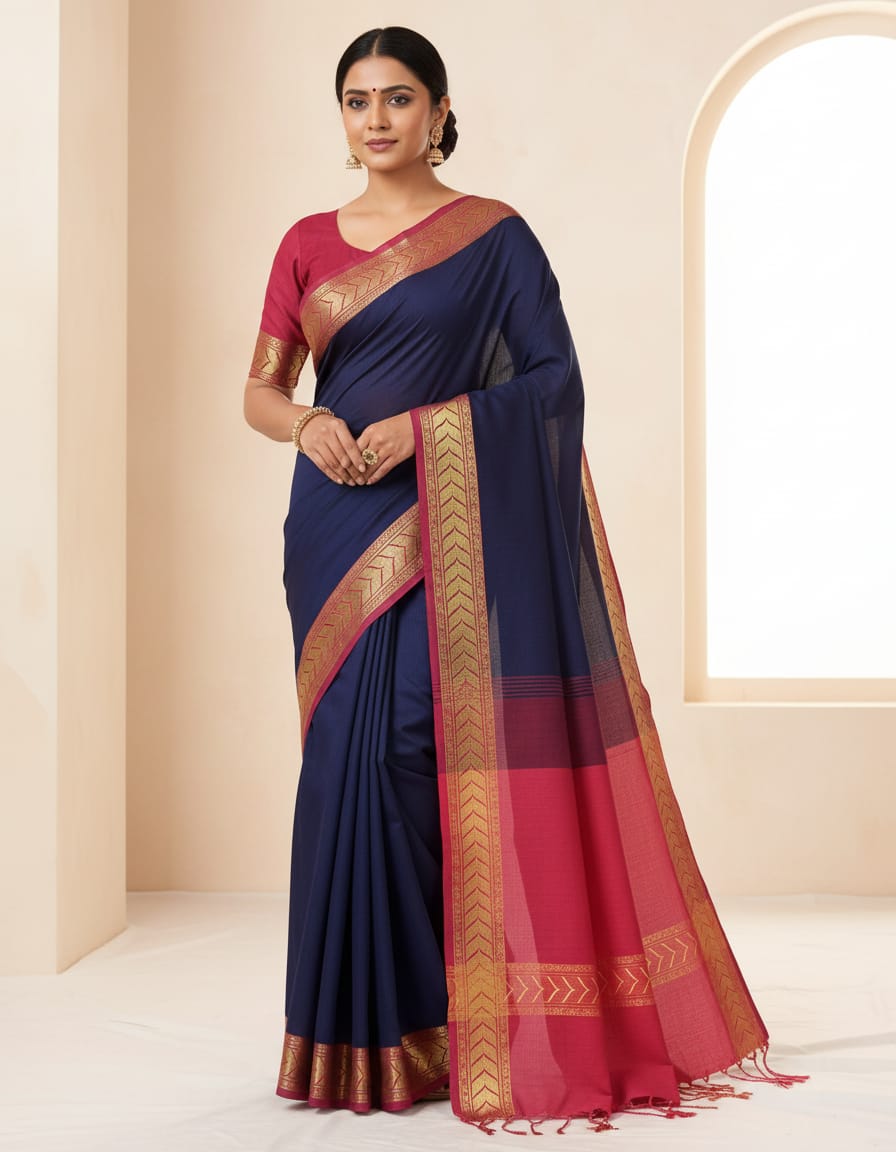 Navy Blue Saree with Golden Dark Pink Border