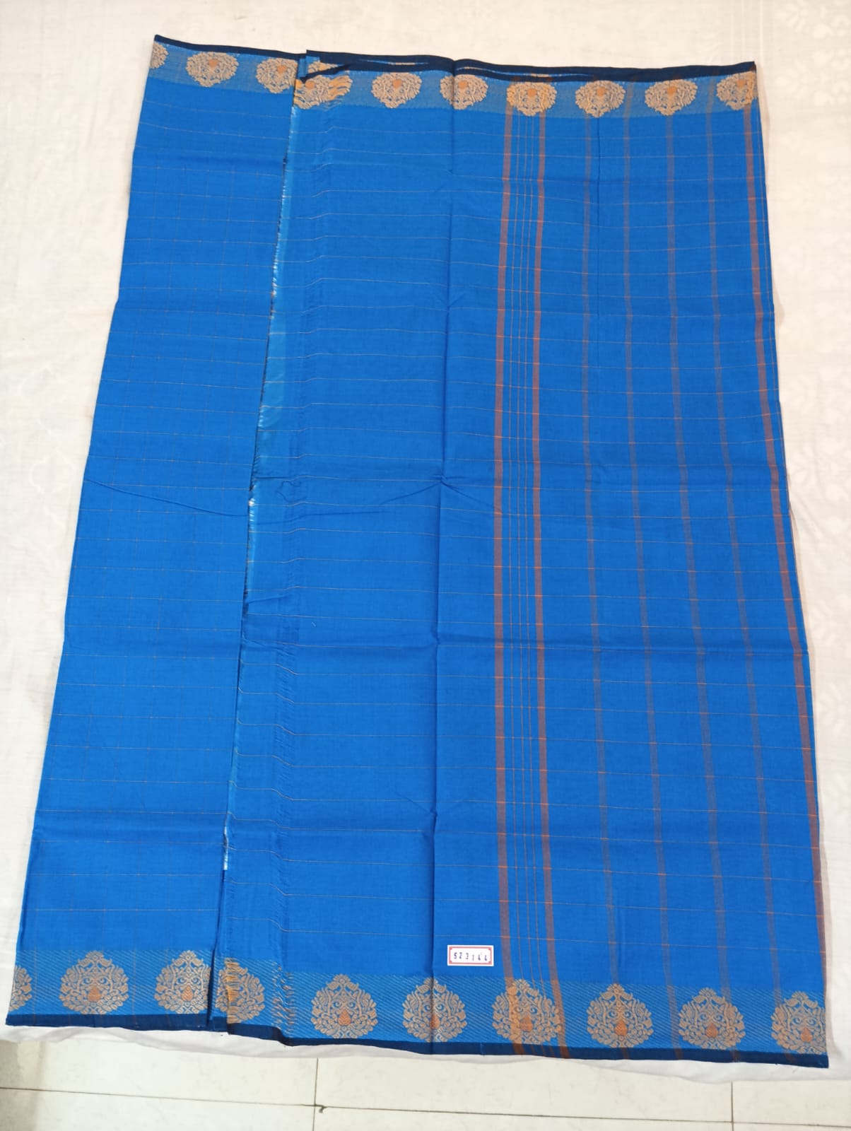 Ferozi Medium Check Saree with Navy Blue & Golden Fancy Border (With Blouse Piece)