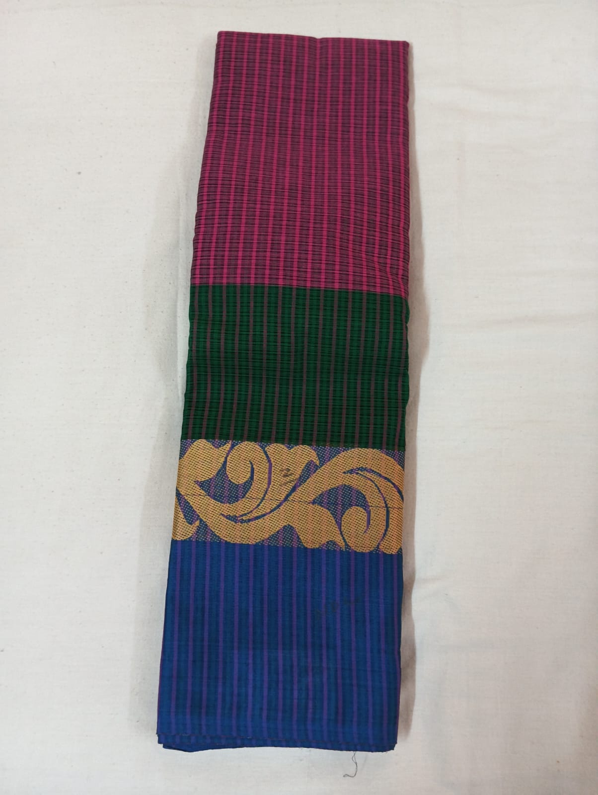 Magenta & Green Dual-Tone Striped Cotton Handloom Saree with Ferozi Designer Border