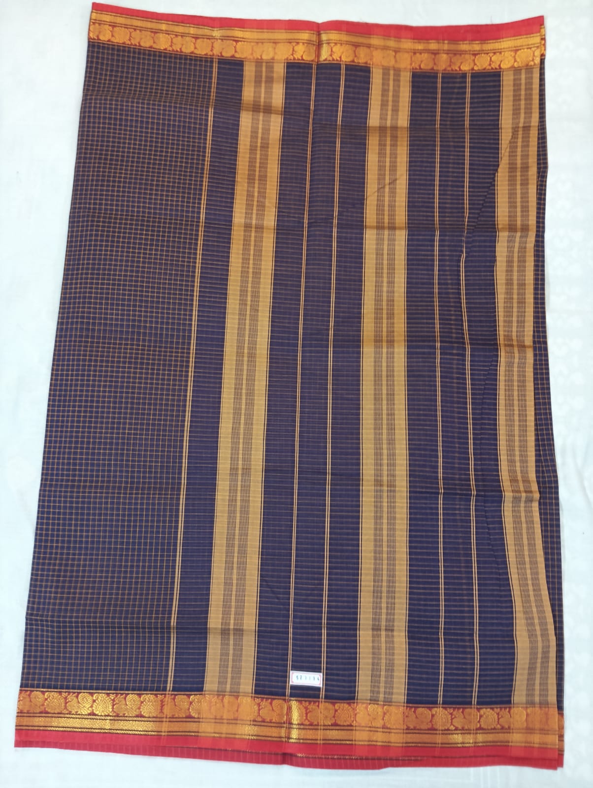 Purple Small Check Saree with Red & Golden Border (With Blouse Piece)