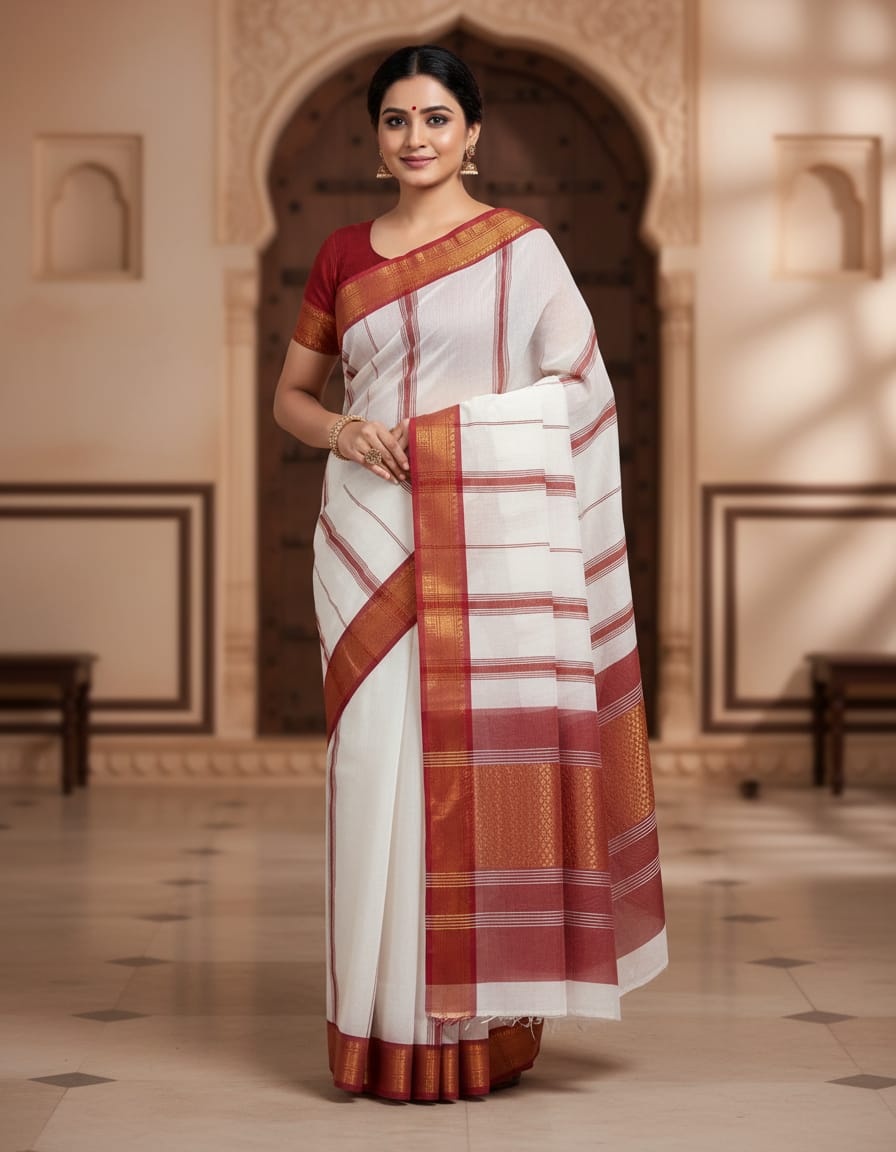 Classic White Saree with Red & Golden Border (With Blouse Piece)