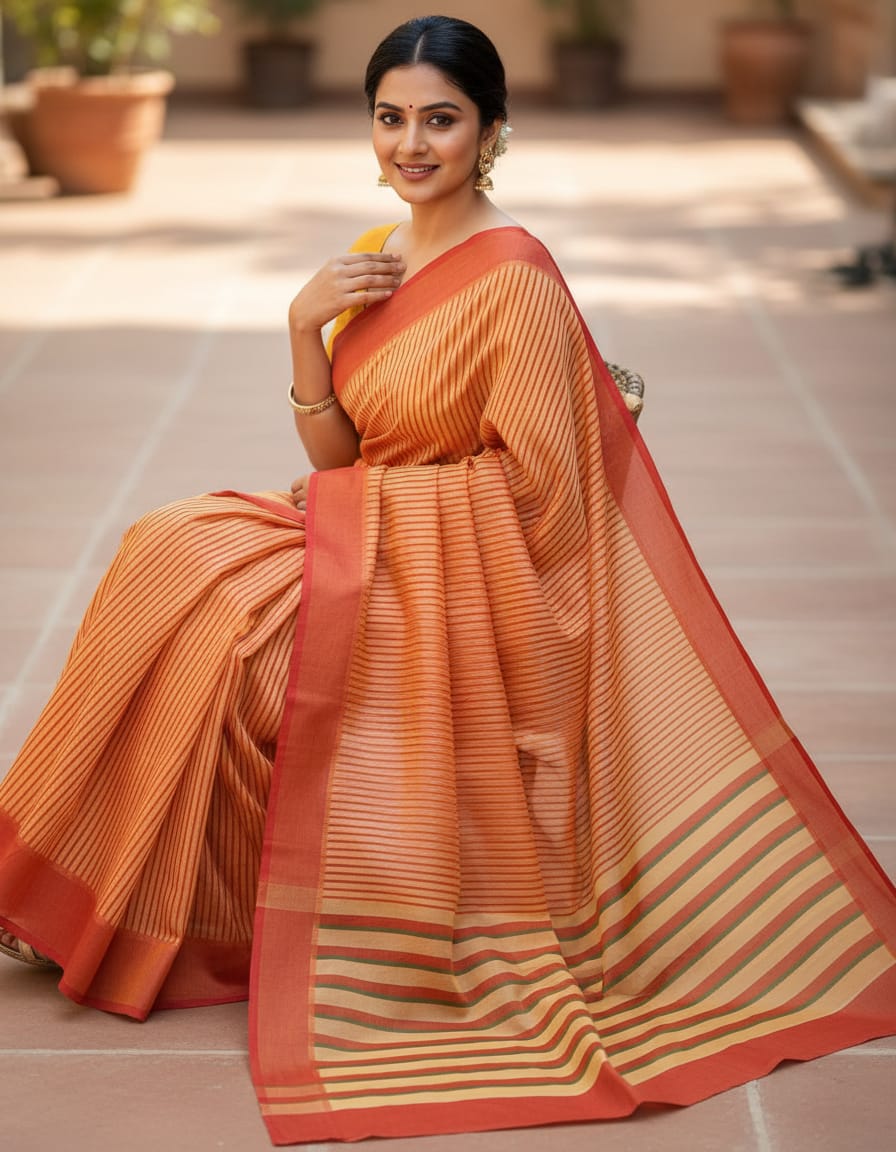 Biscuity Tone Mixed Stripe Saree Finished with a Vibrant Red Border
