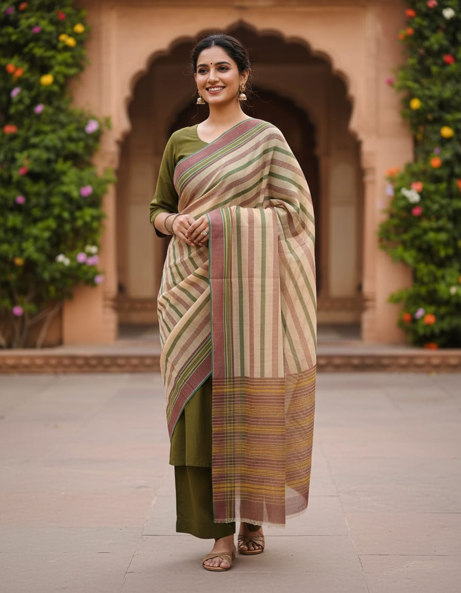Elegant Green & Maroon Striped Cotton Saree