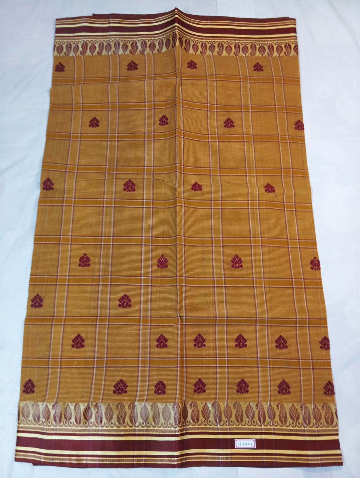 Mustard Checked Handloom Saree with Maroon Buti and Maroon Naksha Border