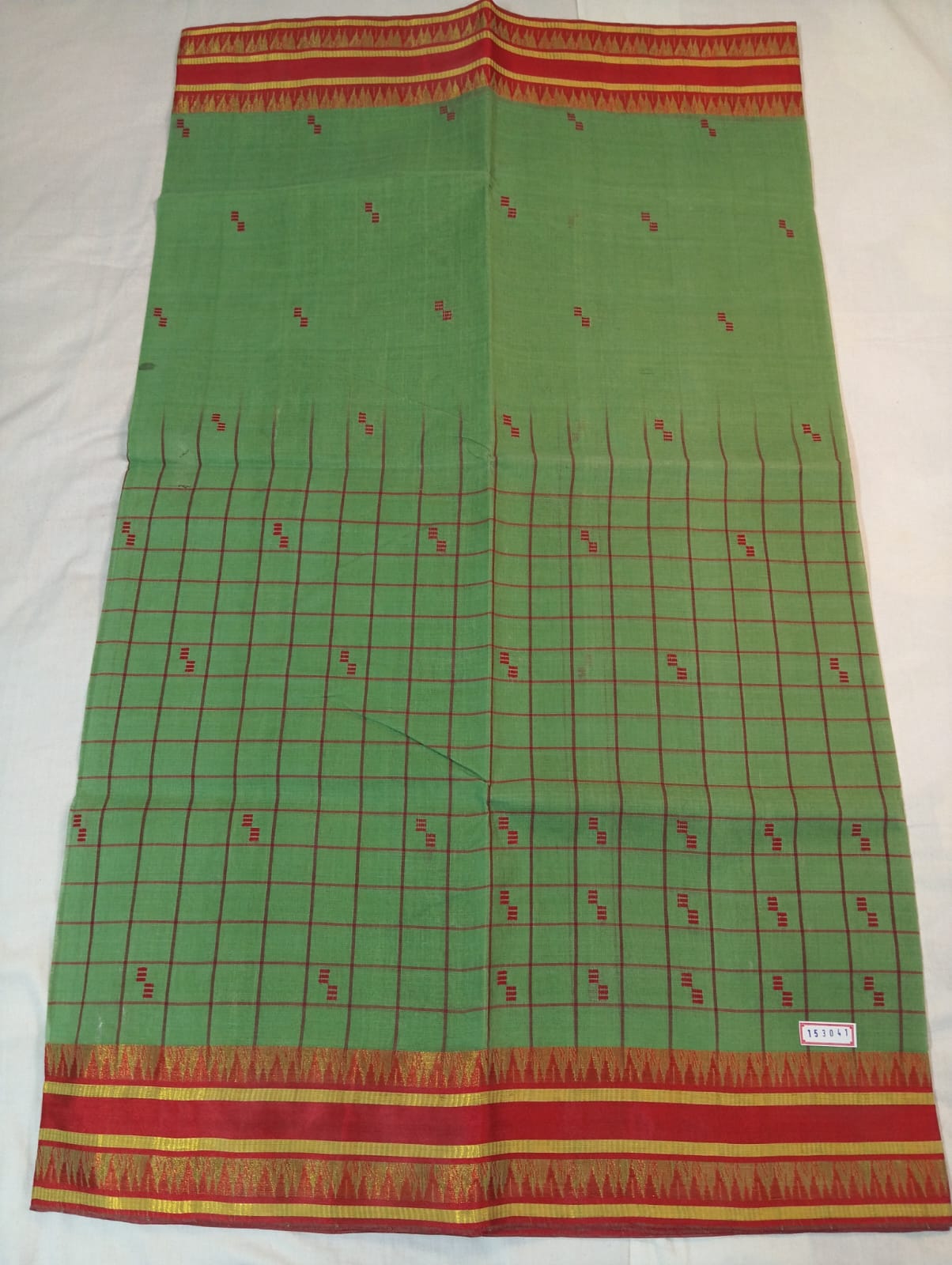 Turkish Green Half Checked Handloom Saree with Red Buti and Red Border