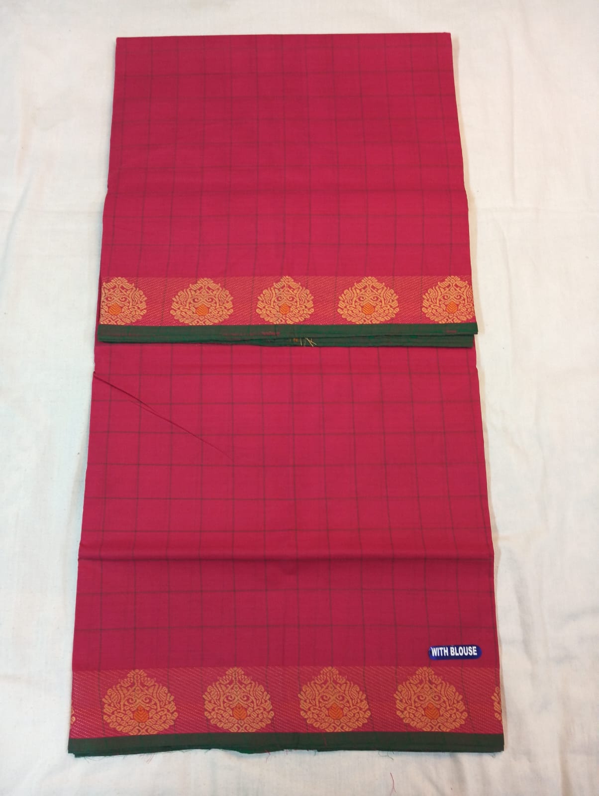 Rani Color Medium Check Saree with Green & Golden Fancy Border (With Blouse Piece)