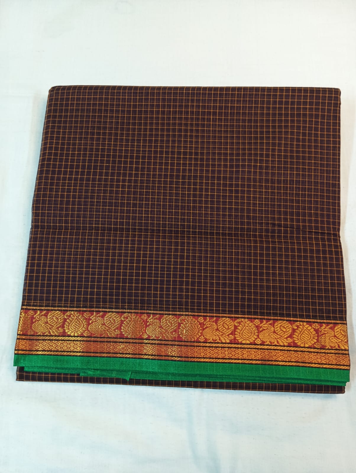 Dark Violet Check Saree with Golden Border (With Blouse Piece)