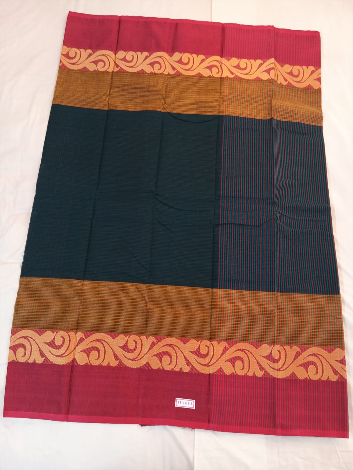 Royal Blue & Light Green Dual-Tone Striped Cotton Handloom Saree with Designer Magenta Border