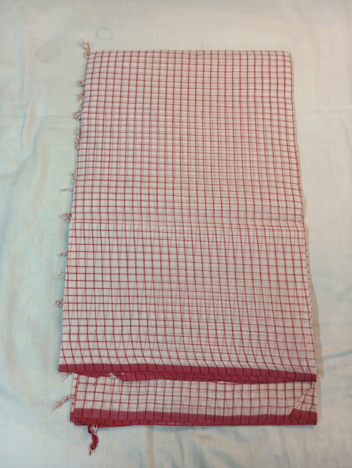 White Saree with Red Checks & Red Border
