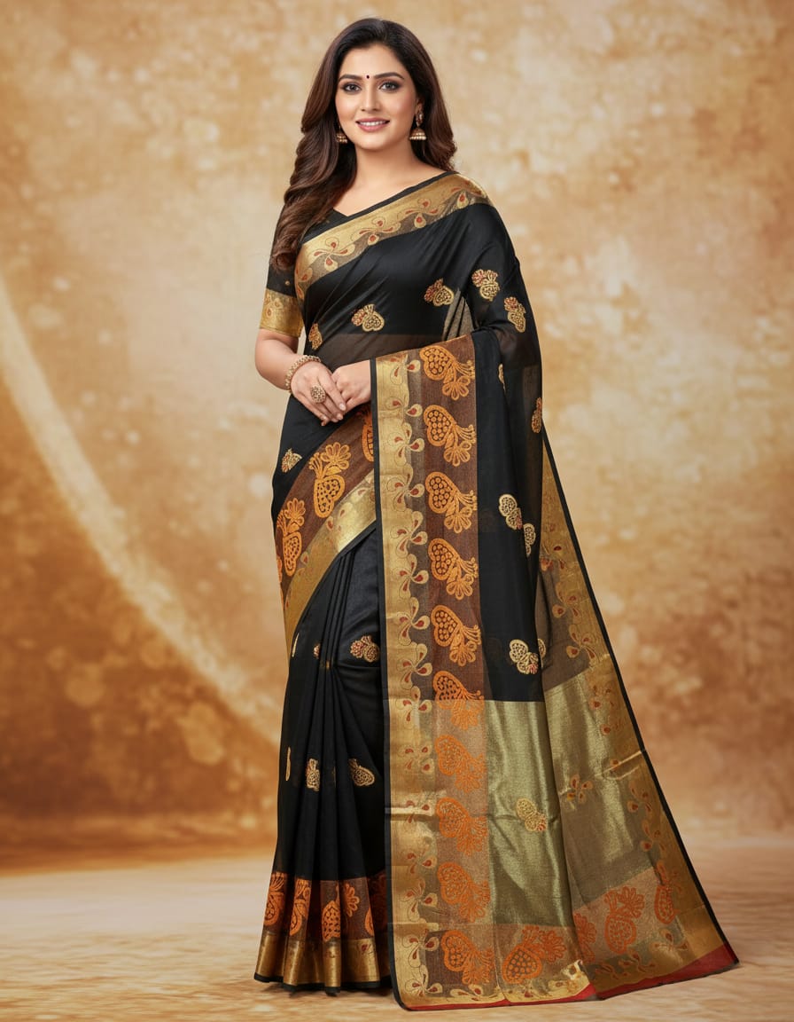 Black Handloom Saree with Golden Buti and Red Border
